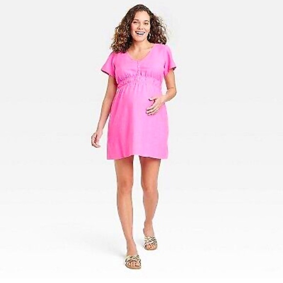 Ingrid & Isabel Maternity Pink Short Sleeve Woven Mini Maternity Dress Size S - Picture 4 of 11